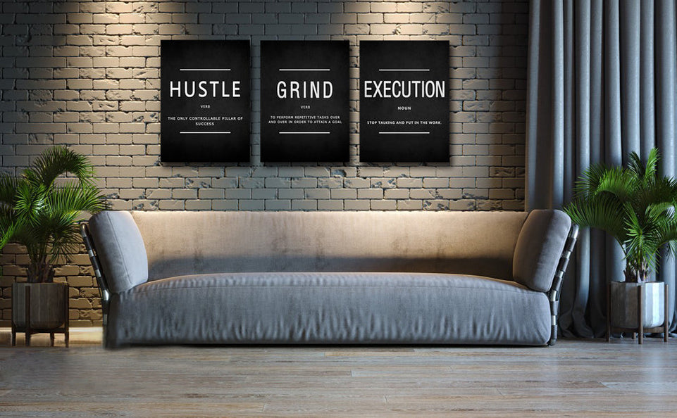 KAWAHONE Canvas Painting Wall Art, Grind Hustle Execution Motivational Wall Art Decoration Posters Prints for Living Room Bedroom, Office Decor, Gallery-Wrapped Canvas Art Set Framed Ready to Hang https://www.amazon.com/dp/B089XVKF61