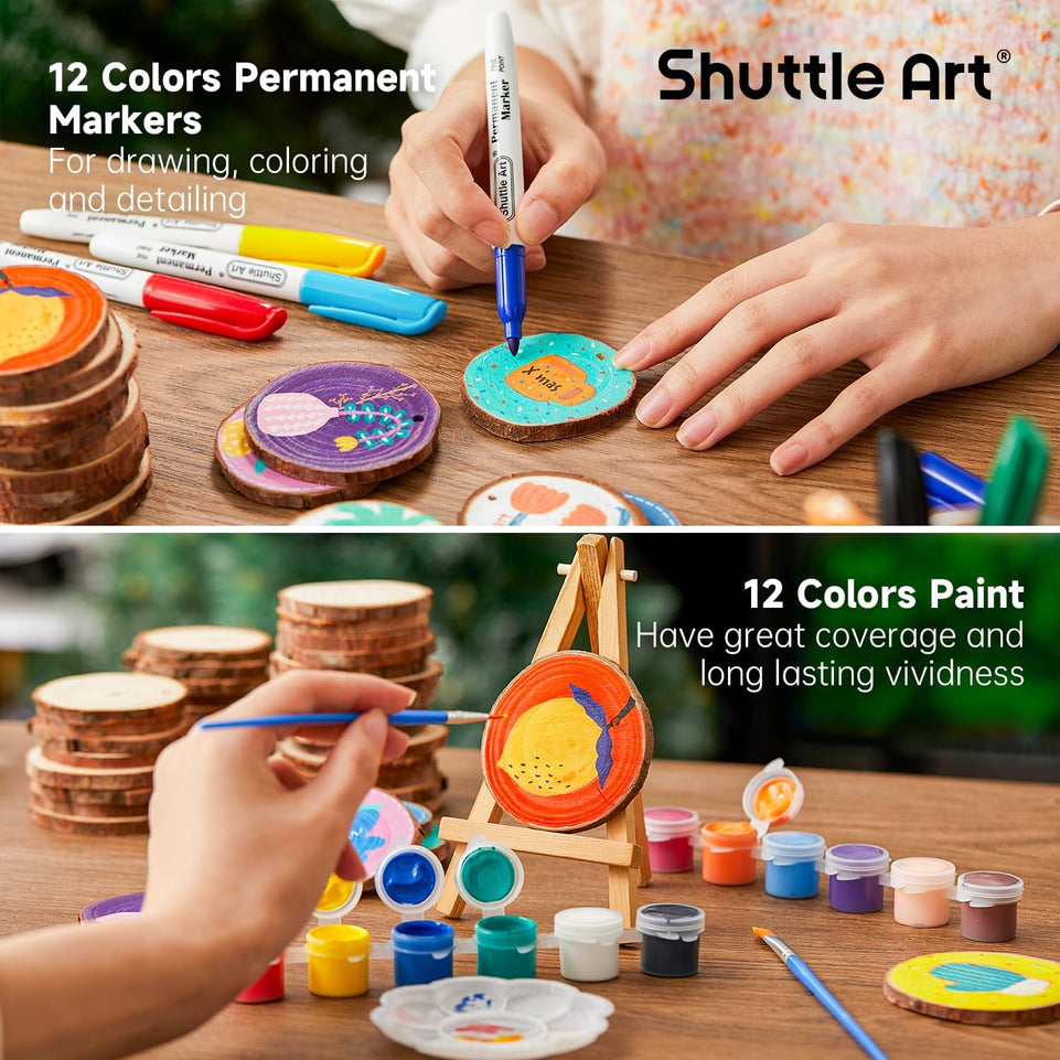 Wood Slices Kit, Shuttle Art 35 PCS Unfinished Natural Wood Slices with Pre-Drilled Hole, Acrylic Paint, Permanent Markers, Jute Twine, DIY Craft for Kids Adults Holiday Decoration Christmas Ornaments https://www.amazon.com/dp/B08FDGWSCW