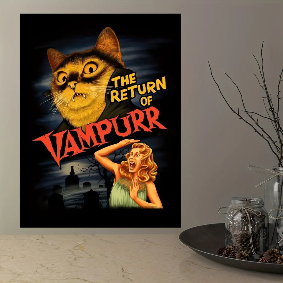 1pc "The Return of Vampurr" Canvas Poster - Vintage Horror-Comedy Cat Lover Wall Art, Frameless, Pine Wood Canvas, Vertical Orientation for Living Room & Bedroom Decor June Wall Art