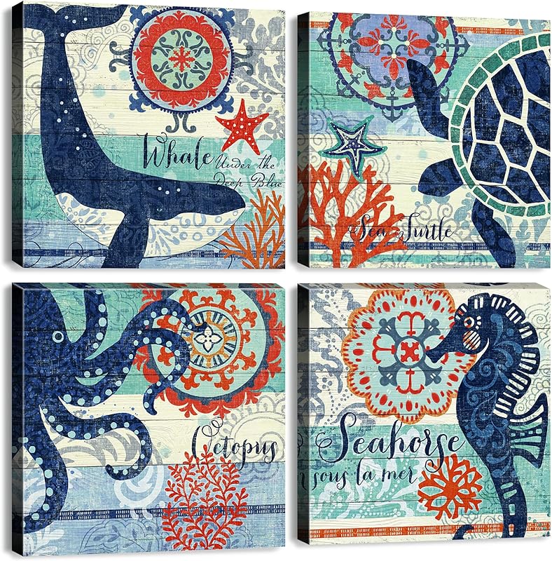 Bathroom Wall Art Beach Decor Ocean Sea Turtle Octopus Canvas Pictures Coastal Room Decor Teal Bathroom Accessories Vintage Whale Seahorse Poster Modern Nautical Painting Bedroom Home Decorations https://www.amazon.com/dp/B07HMJFDK3