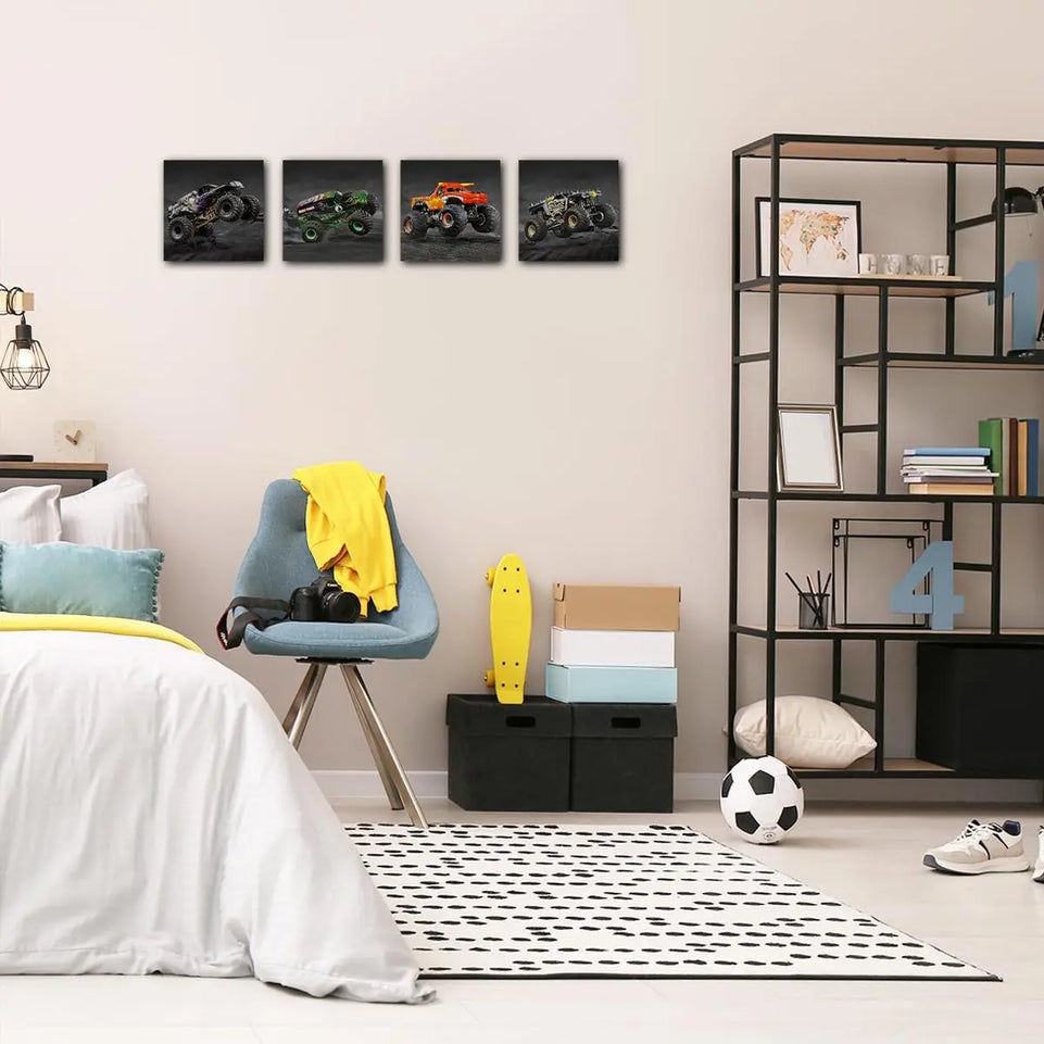 4PC Car Room Decor Truck Canvas Wall Art Framed Boys Room Decor Watercolor Cartoon Car Color Racing Vehicle Painting Garage Wall Decor Modern Canvas Prints for Playroom Farmhouse Men Living Room Home https://www.amazon.com/dp/B0C7KR9V76