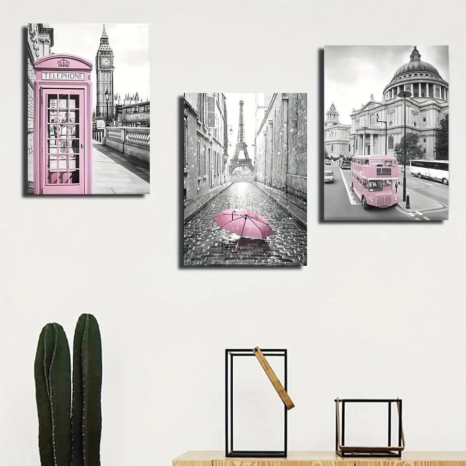 3pcs Canvas Poster, Modern Art, Eiffel Tower Girls Bedroom Decoration, Lightpink Paris Theme Room Decoration Wall Art, Ideal Gift For Bedroom Living Room Corridor, Wall Art, Wall Decor, Fall Decor, Wall Decor, Room Decoration June Wall Art