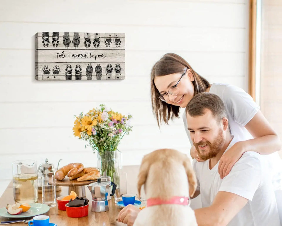 ARTINME Dog Lover Sign Wall Decor,Take A Moment to Paws sign Pet Paw Print Artwork Footprints Canvas Wall Art,Framed Animal prints Puppy Gifts for Front Door home decoration (Black) https://www.amazon.com/dp/B09FLQ57SP