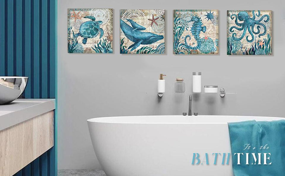 Bathroom Wall Art Beach Decor Ocean Sea Turtle Octopus Canvas Pictures Coastal Room Decor Teal Bathroom Accessories Vintage Whale Seahorse Poster Modern Nautical Painting Bedroom Home Decorations https://www.amazon.com/dp/B07HMJFDK3