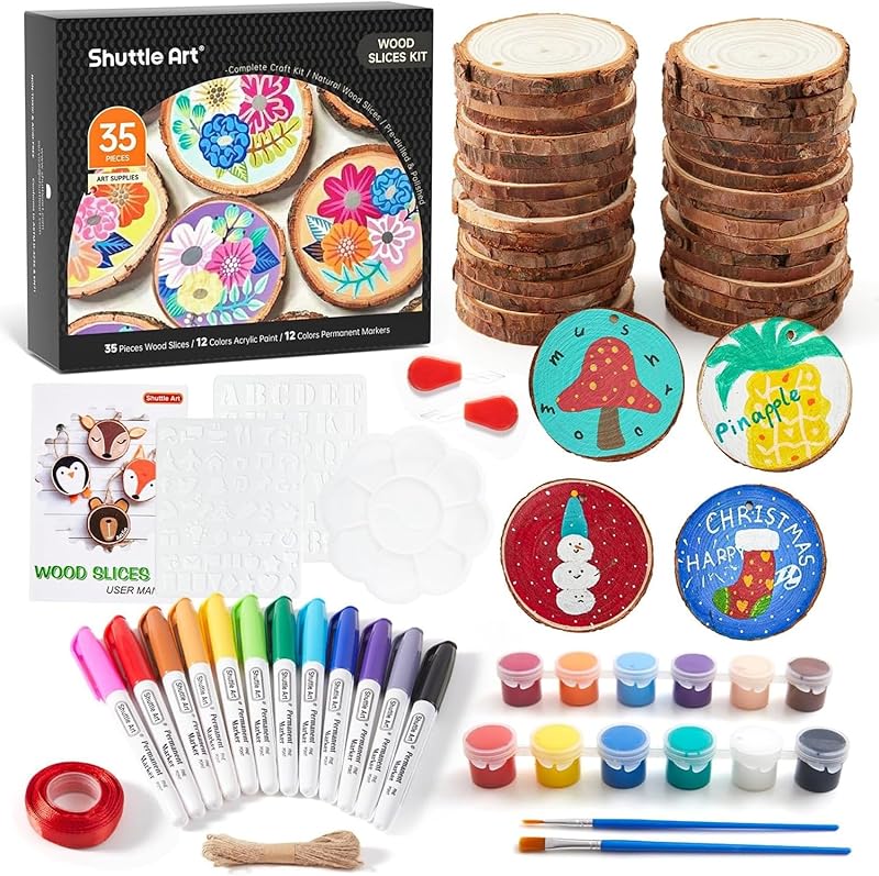 Wood Slices Kit, Shuttle Art 35 PCS Unfinished Natural Wood Slices with Pre-Drilled Hole, Acrylic Paint, Permanent Markers, Jute Twine, DIY Craft for Kids Adults Holiday Decoration Christmas Ornaments https://www.amazon.com/dp/B08FDGWSCW