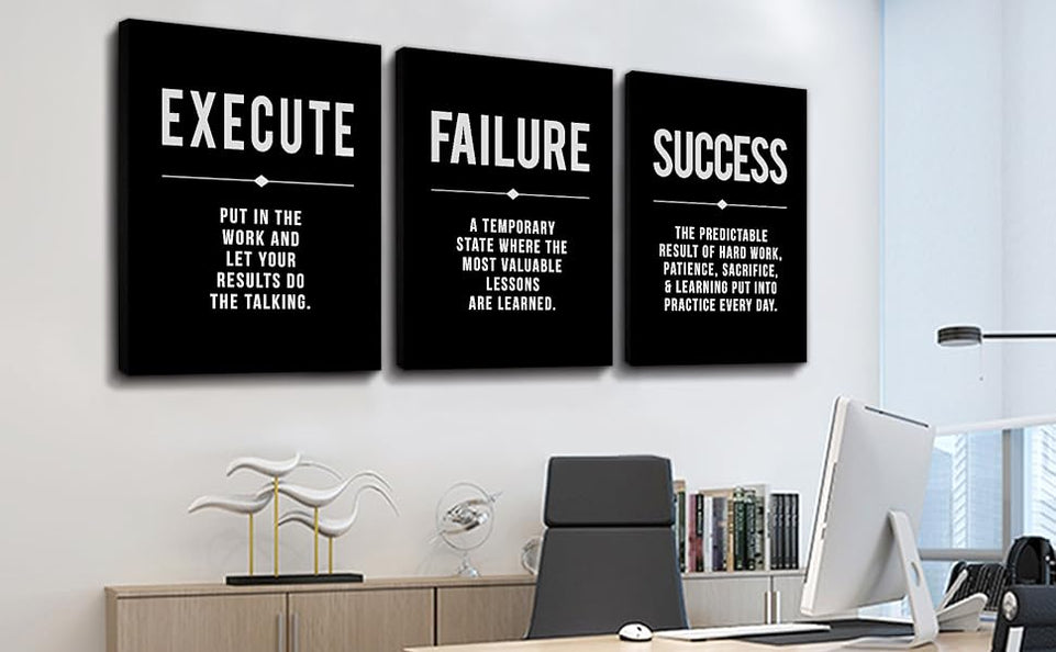 Framed Canvas Wall Art Success Quote For Office, Black Large Positive Motivational Poster, Set of 3, Execute Failure Definition, Inspirational Print (A-3pcs,12x16inchx3pcs) https://www.amazon.com/dp/B08CVF24C6