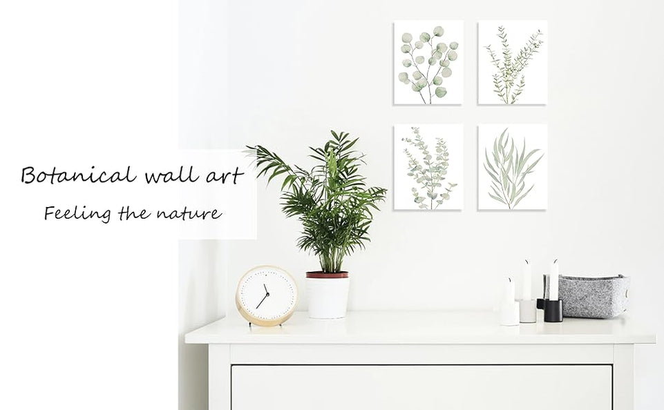 Erctoo Botanical Plant Canvas Wall Art, Framed Boho Wall Decor for Bathroom, Minimalist Aesthetic Bedroom Wall Art, Sage Green Eucalyptus Leaf Prints for Office, Set of 4PCS, 8”X10” https://www.amazon.com/dp/B0CFG2YPPX