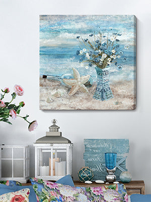 Bathroom Decor Wall Art Blue Beach Picture Ocean Theme Flower Canvas Print Modern Coastal Seascape Painting Framed Seaside Artwork Floral Daisy in Indian Vase for Home Sea Lake Bedroom 14x14inch https://www.amazon.com/dp/B08VH1FZV3