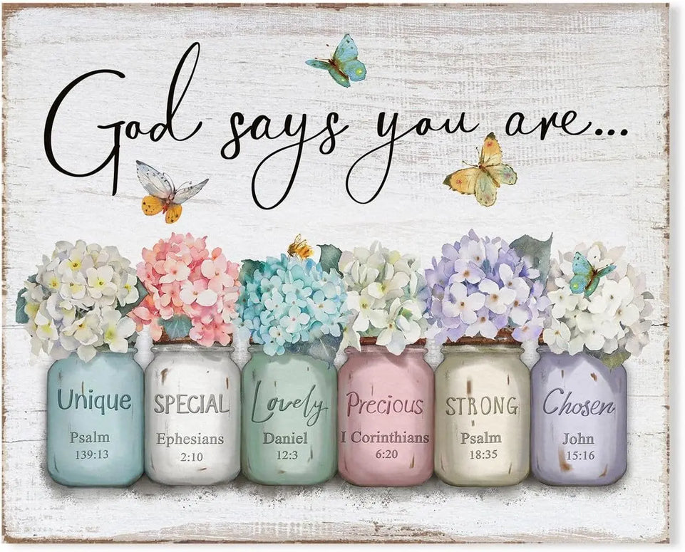 Inspirational Bible Verse Wall Art: God Says You Are Wall Sayings Flowers in Mason Jar Picture Print Christian Gift Quotes Poster for Women Girl Bedroom Decor 12" x 15" https://www.amazon.com/dp/B0C5R38HHX