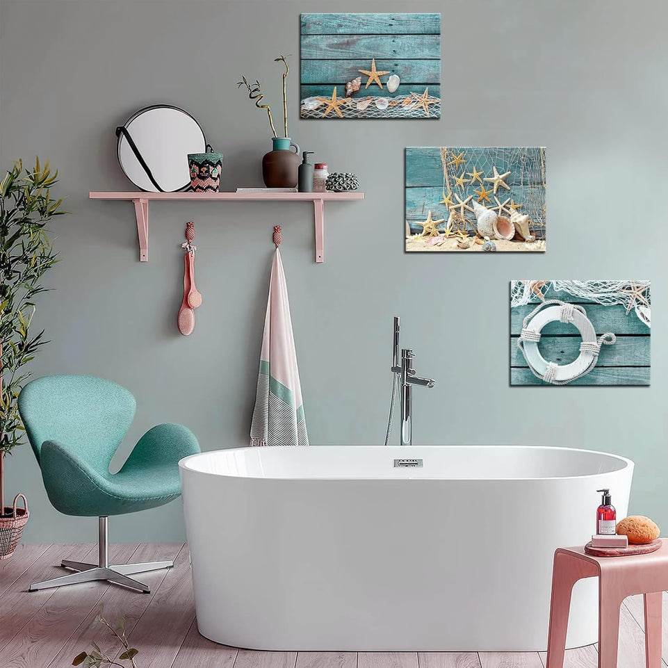 Biuteawal- 3 Piece Canvas Wall Art Starfish Shell on Teal Board Painting Prints Beach Nature Picture Canvas Artwork for Home Kitchen Bathroom Living Room Wall Decor Ready to Hang https://www.amazon.com/dp/B07K6D42KS