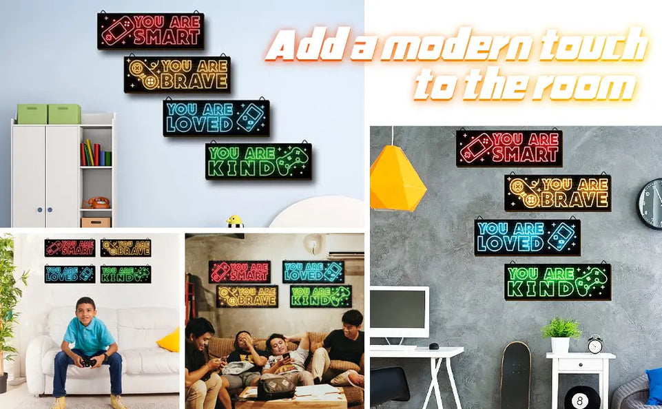 YLOLUL 4pcs Neon Game Art Prints, Wood Wall Art Decor for Boys Room, Gamer Decorations, Inspirational Quote Wall Decor, Modern Home Decor, 12 x 4 Inch, Red https://www.amazon.com/dp/B0BGXSKNG1