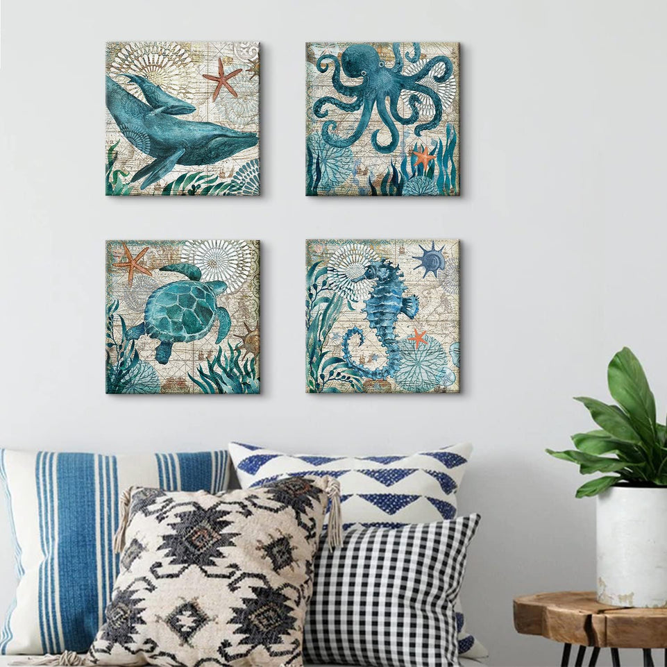 Bathroom Wall Art Beach Decor Ocean Sea Turtle Octopus Canvas Pictures Coastal Room Decor Teal Bathroom Accessories Vintage Whale Seahorse Poster Modern Nautical Painting Bedroom Home Decorations https://www.amazon.com/dp/B07HMJFDK3