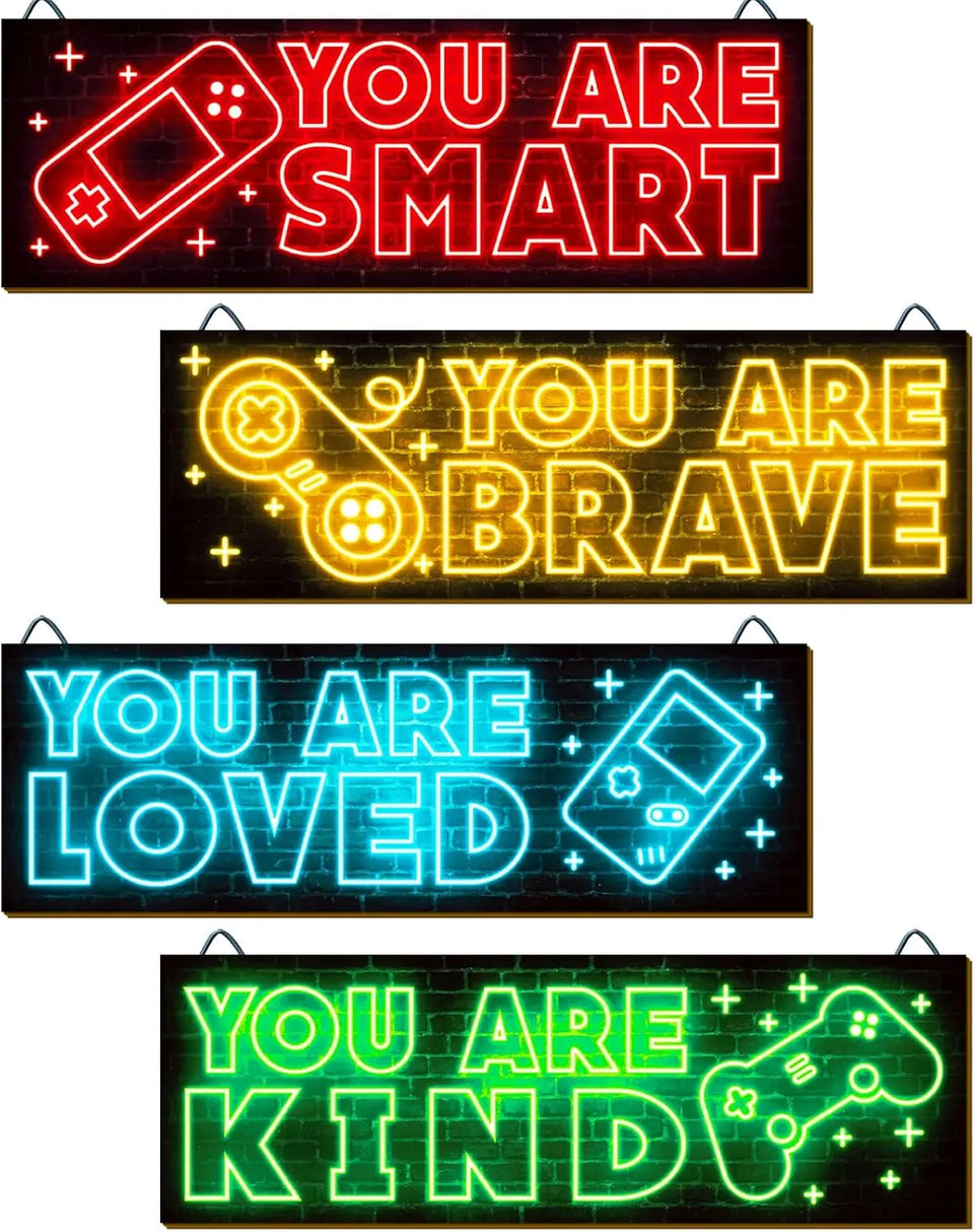 YLOLUL 4pcs Neon Game Art Prints, Wood Wall Art Decor for Boys Room, Gamer Decorations, Inspirational Quote Wall Decor, Modern Home Decor, 12 x 4 Inch, Red https://www.amazon.com/dp/B0BGXSKNG1