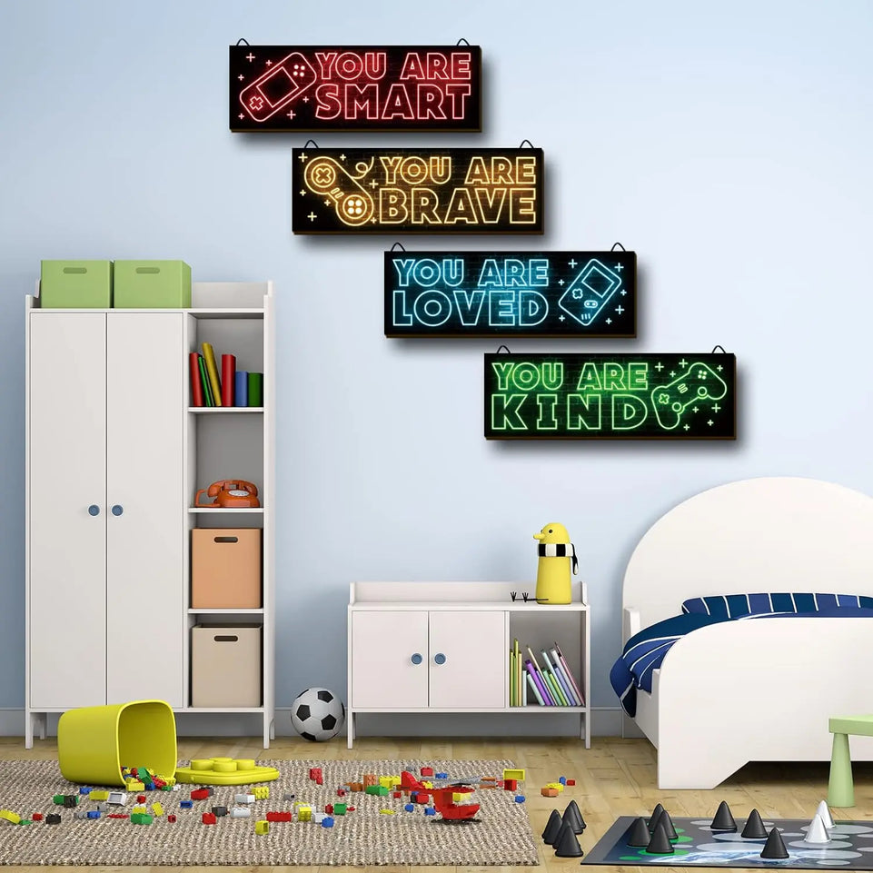 YLOLUL 4pcs Neon Game Art Prints, Wood Wall Art Decor for Boys Room, Gamer Decorations, Inspirational Quote Wall Decor, Modern Home Decor, 12 x 4 Inch, Red https://www.amazon.com/dp/B0BGXSKNG1