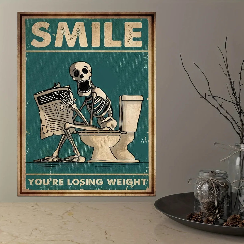 1pc Vintage Skeleton Reading Newspaper Canvas Poster - Humorous "Smile You're Losing Weight" Wall Art, Retro Teal Decor for Living Room, Unframed, Indoor Decor|Vintage Poster|Printed Wall Art, Vintage Wall Art June Wall Art