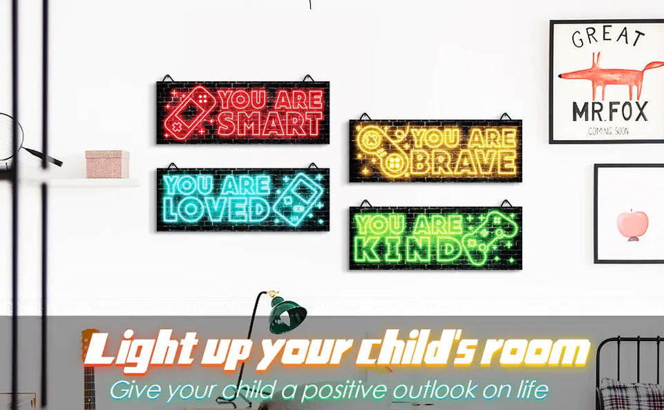 YLOLUL 4pcs Neon Game Art Prints, Wood Wall Art Decor for Boys Room, Gamer Decorations, Inspirational Quote Wall Decor, Modern Home Decor, 12 x 4 Inch, Red https://www.amazon.com/dp/B0BGXSKNG1