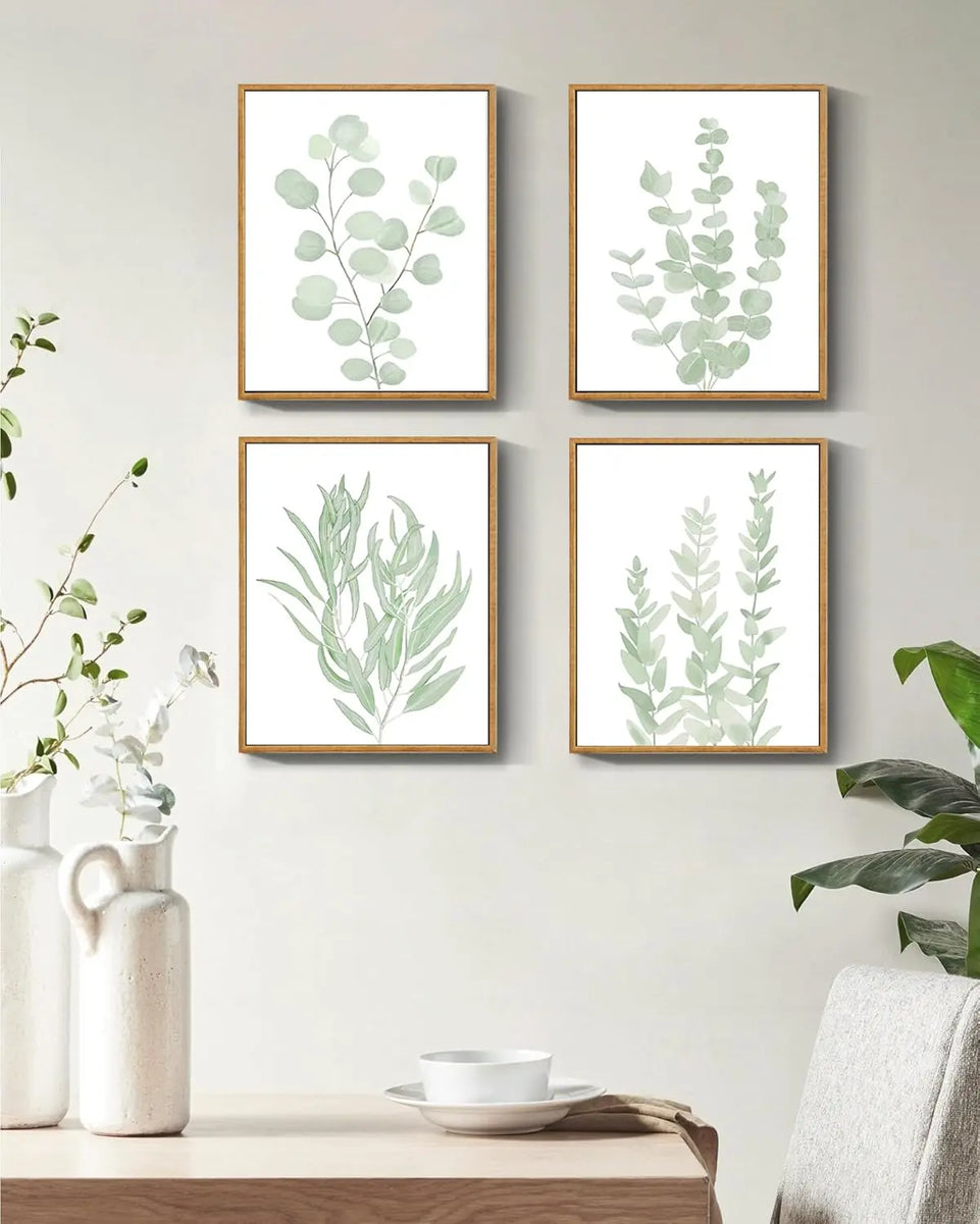 Drsoum Framed Botanical Plant Canvas Wood Wall Art Light Green Sage Wall Decor Eucalyptus Leaf Picture for Bedroom Living Room Bathroom Office 8”x 10” x 4pcs https://www.amazon.com/dp/B0CB1NZ5HT