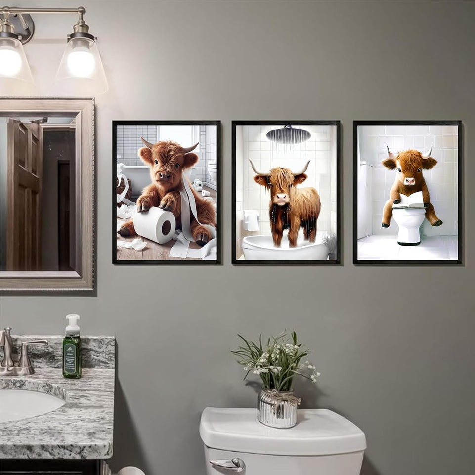 TWNSLLA Highland Cow Funny Bathroom Decor Wall Art,Bathroom Highland Cow Art Prints,Rustic Farmhouse Bathroom Wall Decor,Funny Bathroom Signs Animal Canvas Wall Art,UNFRAMED,8x10inchx4pcs https://www.amazon.com/dp/B0D2CRRJBZ