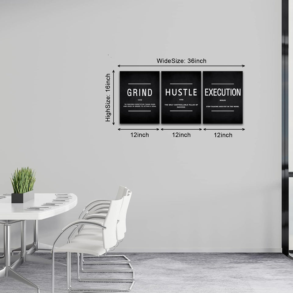 KAWAHONE Canvas Painting Wall Art, Grind Hustle Execution Motivational Wall Art Decoration Posters Prints for Living Room Bedroom, Office Decor, Gallery-Wrapped Canvas Art Set Framed Ready to Hang https://www.amazon.com/dp/B089XVKF61