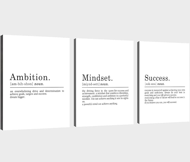 Framed Canvas Wall Art Success Quote For Office, Black Large Positive Motivational Poster, Set of 3, Execute Failure Definition, Inspirational Print (A-3pcs,12x16inchx3pcs) https://www.amazon.com/dp/B08CVF24C6