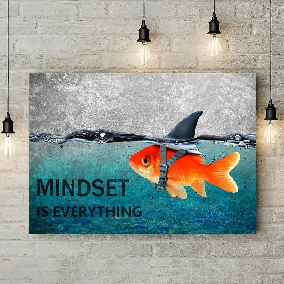 Mindset is Everything" - Motivational Canvas Wall Art with Blue Goldfish & Shark, Frameless Inspirational Quote Poster for Office, Bedroom, Bathroom Decor | Modern Minimalist Design, Indoor Use, Motivational Wall Art June Wall Art