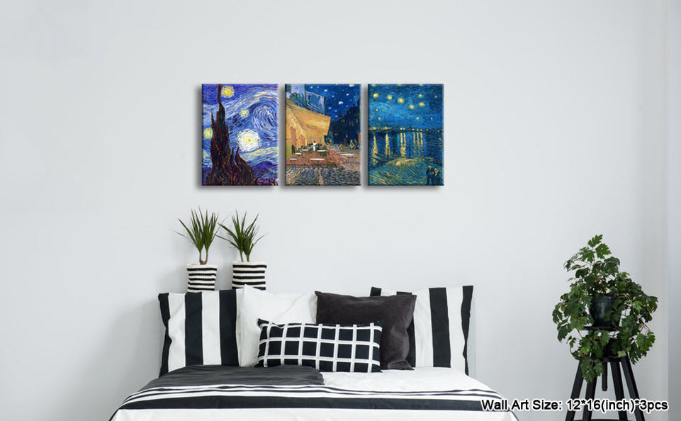 Wieco Art 3 Panels Canvas Prints of Vincent Van Gogh Paintings Reproduction Starry Night Over the Rhone Cafe Terrace at Night Canvas Wall Art for Living Room Home Office Decor https://www.amazon.com/dp/B0C33BG7JC