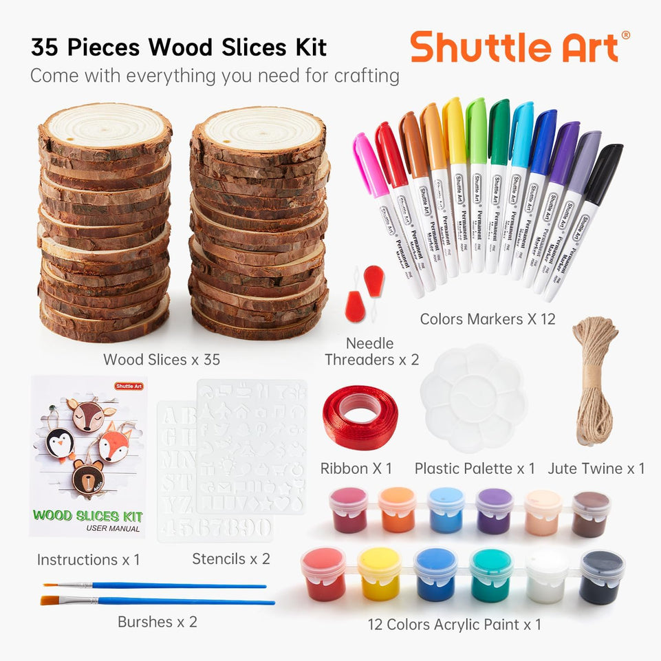 Wood Slices Kit, Shuttle Art 35 PCS Unfinished Natural Wood Slices with Pre-Drilled Hole, Acrylic Paint, Permanent Markers, Jute Twine, DIY Craft for Kids Adults Holiday Decoration Christmas Ornaments https://www.amazon.com/dp/B08FDGWSCW