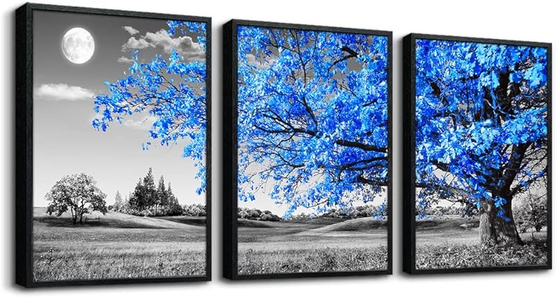 Wall Art For Living Room black and white Blue tree moon Canvas Wall Decor for Home artwork Painting 12" x 16" 3 Pieces Canvas Print For bedroom Decor Modern Salon kitchen office Hang a picture https://www.amazon.com/dp/B07DW1DLWF