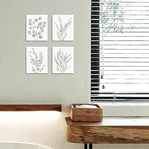 Erctoo Botanical Plant Canvas Wall Art, Framed Boho Wall Decor for Bathroom, Minimalist Aesthetic Bedroom Wall Art, Sage Green Eucalyptus Leaf Prints for Office, Set of 4PCS, 8”X10” https://www.amazon.com/dp/B0CFG2YPPX