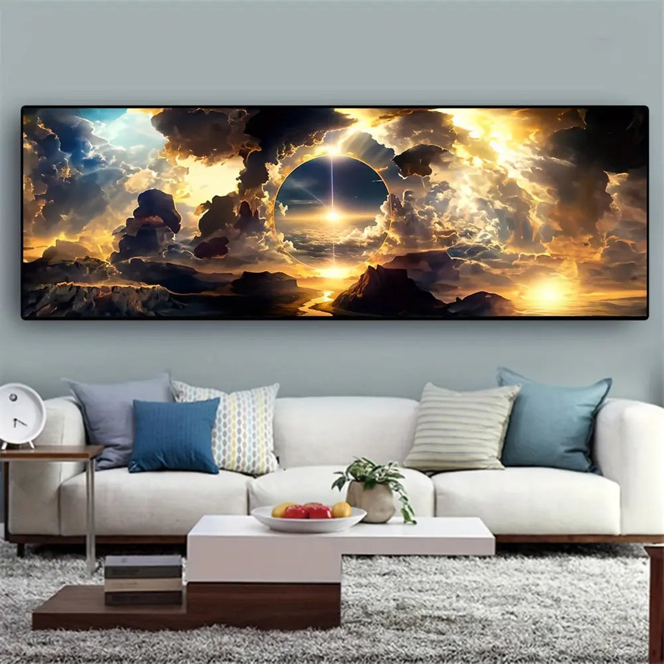 1pc Stunning Modern Art Canvas Print - Dramatic Sky with White Clouds & Mountain Landscape, Frameless Oil Painting for Living Room, Bedroom, Home Office Decor - Abstract Nature-Inspired Wall Art June Wall Art