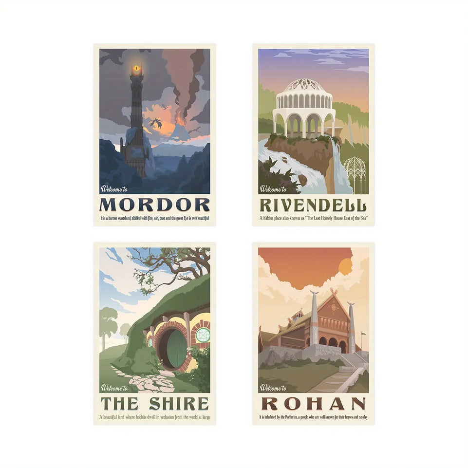4pcs Middle Earth Landscape Canvas Wall Art Paintings - Lord of the Rings Decorative Painting for Living Room, Bedroom, Bathroom, Office, Kitchen - No Frames Required June Wall Art