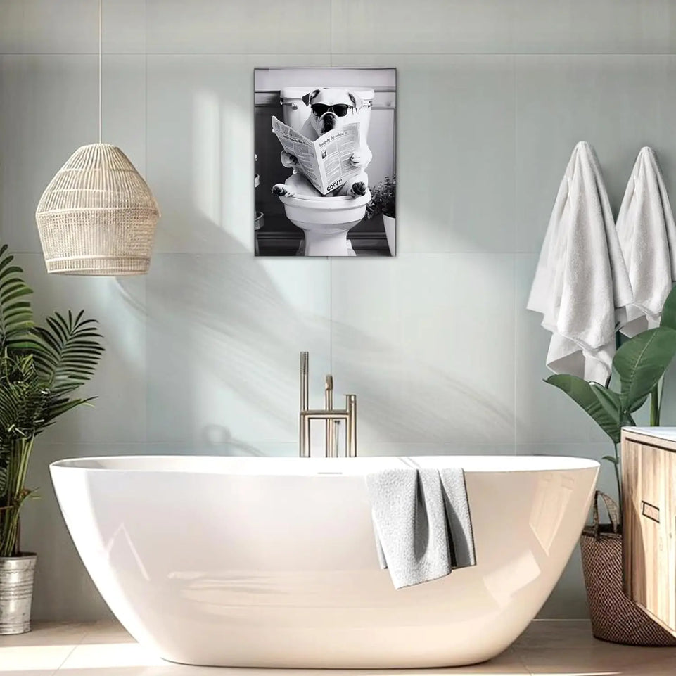 Deveosa Funny Bathroom Wall Art - Dog On Toilet Unique Cool Black And White Artwork For Restroom Paintings Animal Canvas Sings Decor Pictures Decorations 12x16inch https://www.amazon.com/dp/B0D1QJ3KZF