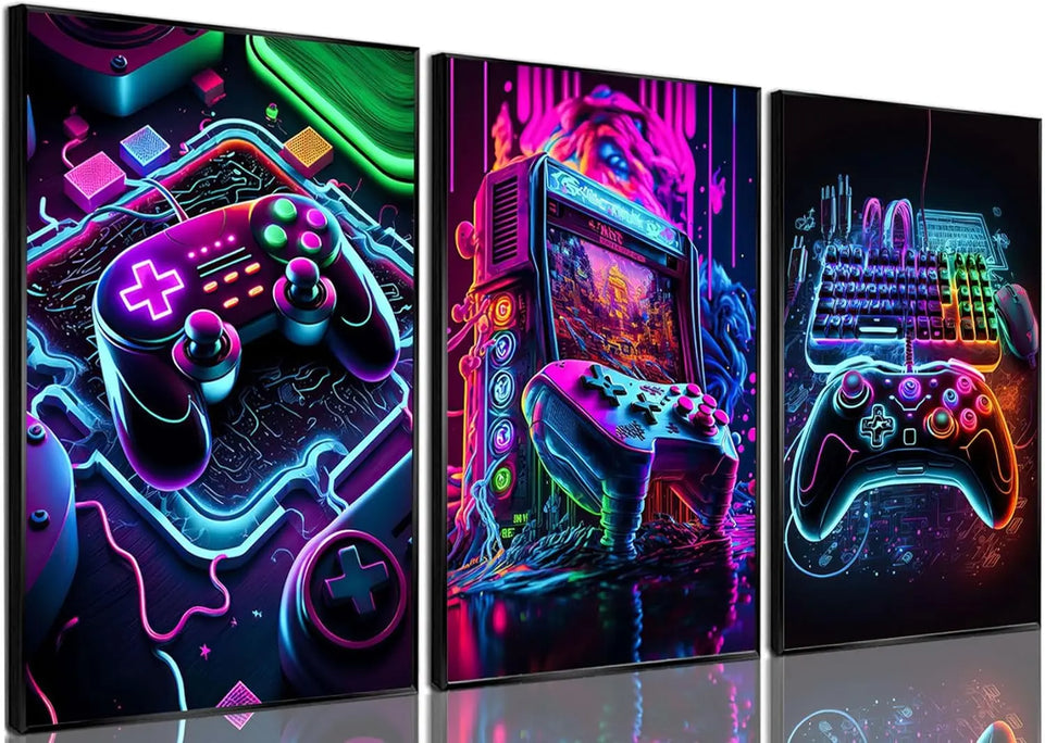 3pcs Game Room Decor Neon Gaming Posters Wall Art Gamer Accessories Theme Canvas Print Game Console Painting Picture for Children Youth Game Boys Bedroom Teen Wall Decor Unframed 12"x16"x3 https://www.amazon.com/dp/B0CPCHHKQD