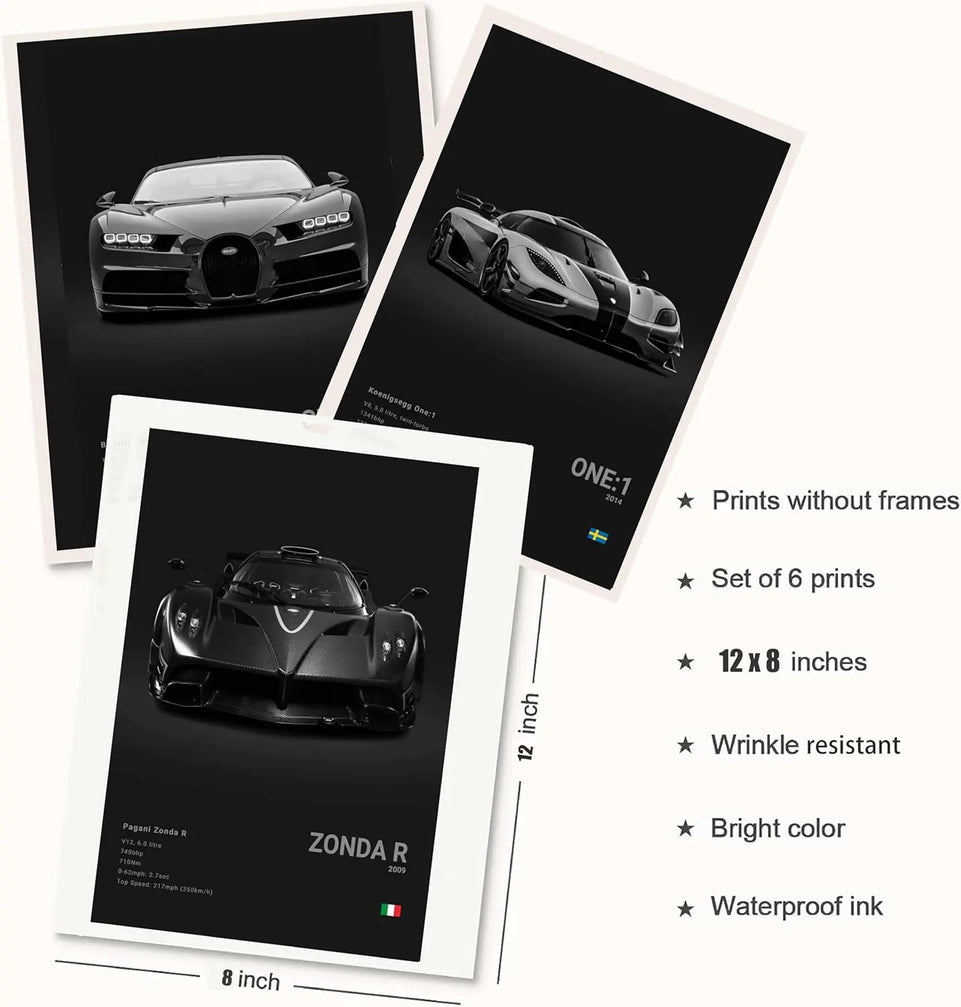 Super Car Poster Racing Car Wall Art For Home Decor Car Prints For Walls FXXK CHIRON P1 911GT3 RS ZONDA R ONE:1 Cardstock Posters Set Of 6(Unframe 8x12inch) https://www.amazon.com/dp/B0CQVFW28F