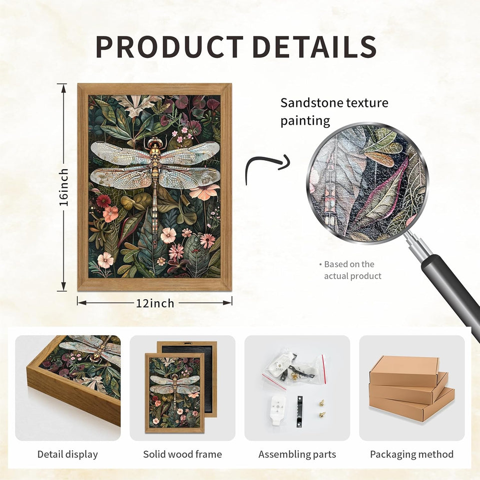 Framed Vintage 3D Textured Wall Art - Dark Green Dragonfly Flowers Wall Decor - Hand Drawn Sandstone Nature Botanical Pictures for Living Room Bedroom Home Decor 12x16in https://www.amazon.com/dp/B0D4V264VF