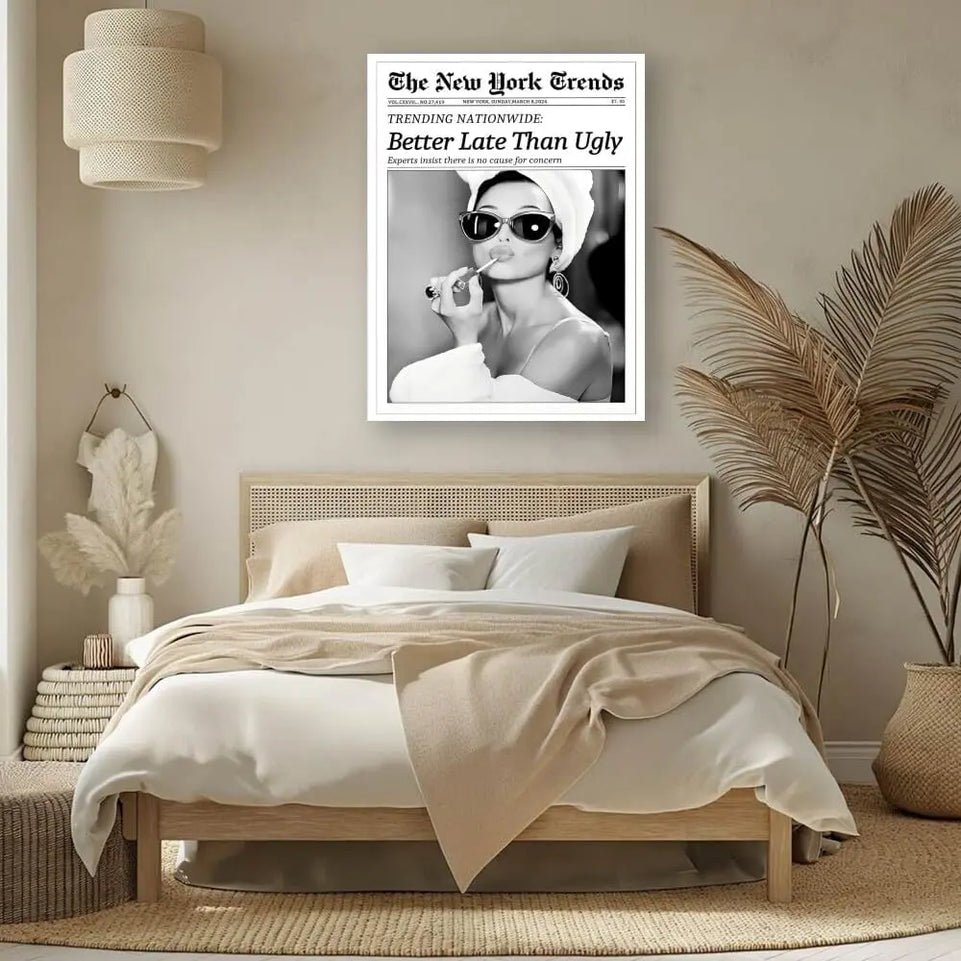 Newspaper Wall Art Canvas Prints Vintage Black and White Better Late Than Ugly Decor Poster Funky Feminist Posters Trendy College Wall Decor for Girly Dorm Room Bathroom Wall Decor 8x12inch Unframed https://www.amazon.com/dp/B0DHYCHY7C