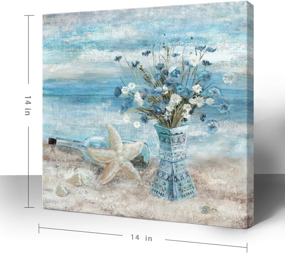 Bathroom Decor Wall Art Blue Beach Picture Ocean Theme Flower Canvas Print Modern Coastal Seascape Painting Framed Seaside Artwork Floral Daisy in Indian Vase for Home Sea Lake Bedroom 14x14inch https://www.amazon.com/dp/B08VH1FZV3
