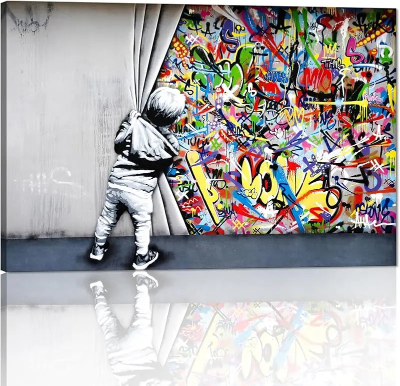 Yatsen Bridge Classic Street Art Banksy Graffiti Wall Art Behind The Curtain Posters Canvas Paintings Colorful Graffiti Pictures Prints Framed for Living Room Home Decor(36''W x 24''H) https://www.amazon.com/dp/B07ZVHB9FP