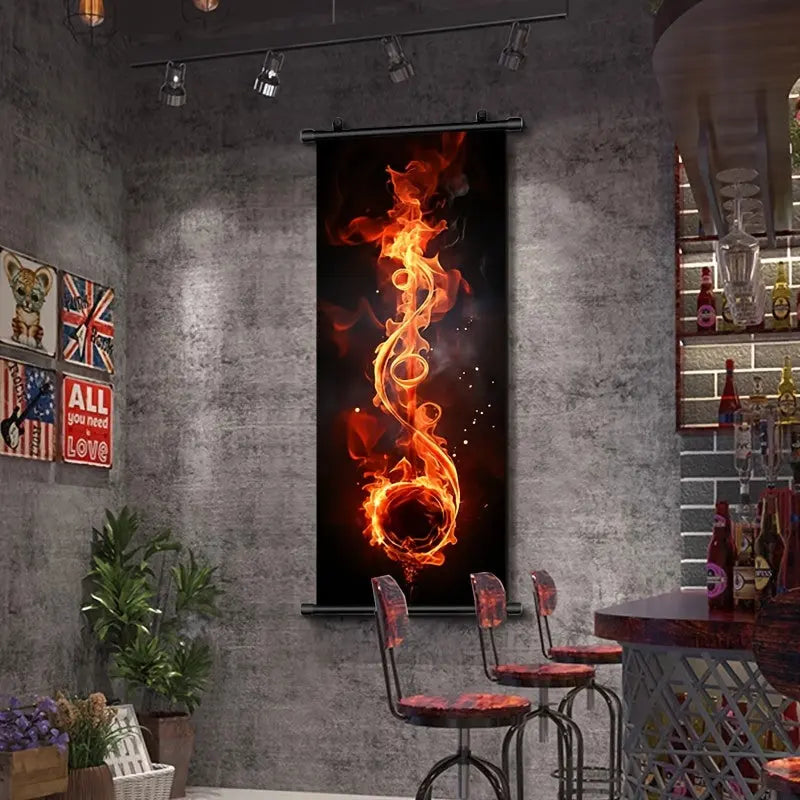 1pc Music Hanging Scrolls Painting, Flame Guitar Wall Art Poster, Artwork Wall Painting For Bathroom Bedroom Living Room Wall Decor, Home Decoration, Aesthetic Room Decor, 16inch * 39inch June Wall Art