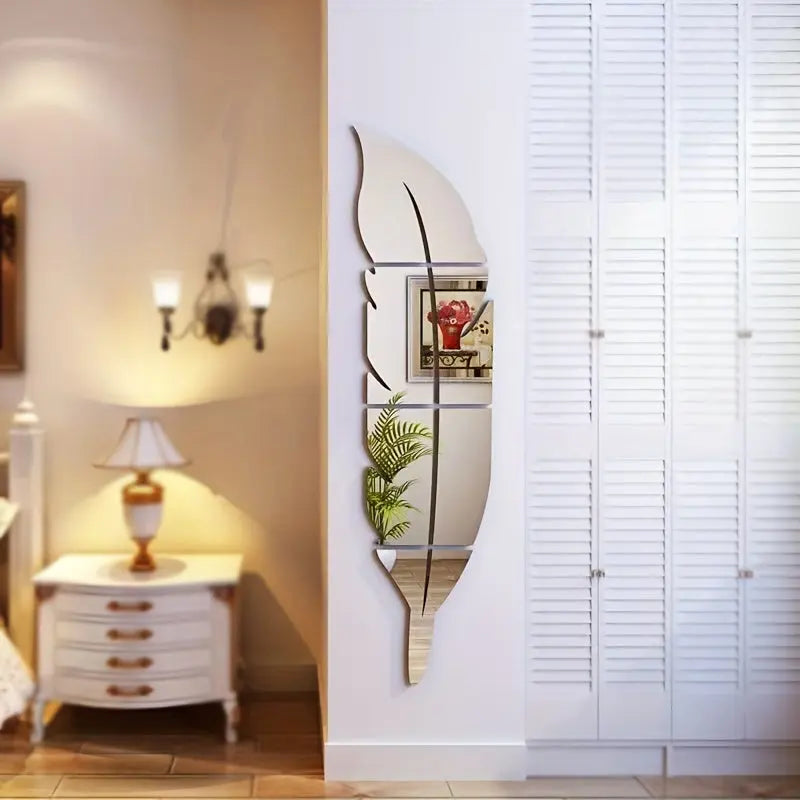 1pc Acrylic Feather Mirror Wall Sticker, Self Adhesive Art Decal Wall Decor, Living Room And Bedroom Wall Decor, Frameless Mirror Wall Sticker For Home Decorations June Wall Art