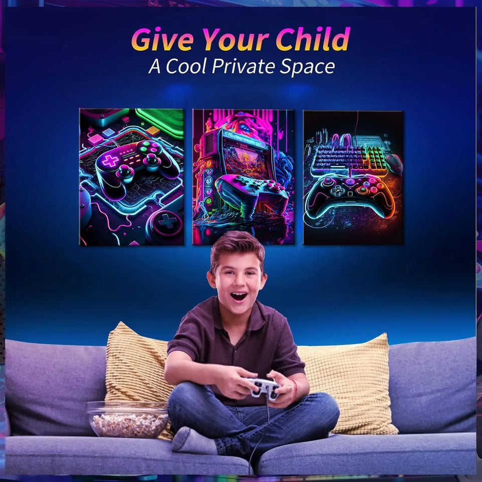 3pcs Game Room Decor Neon Gaming Posters Wall Art Gamer Accessories Theme Canvas Print Game Console Painting Picture for Children Youth Game Boys Bedroom Teen Wall Decor Unframed 12"x16"x3 https://www.amazon.com/dp/B0CPCHHKQD