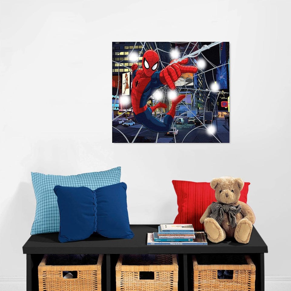 Idea Nuova Spider-Man LED Canvas Wall Art, Children's Home Décor, Bedroom, Spiderman / Blue, 11.50" x 15.75" https://www.amazon.com/dp/B017EPF34G