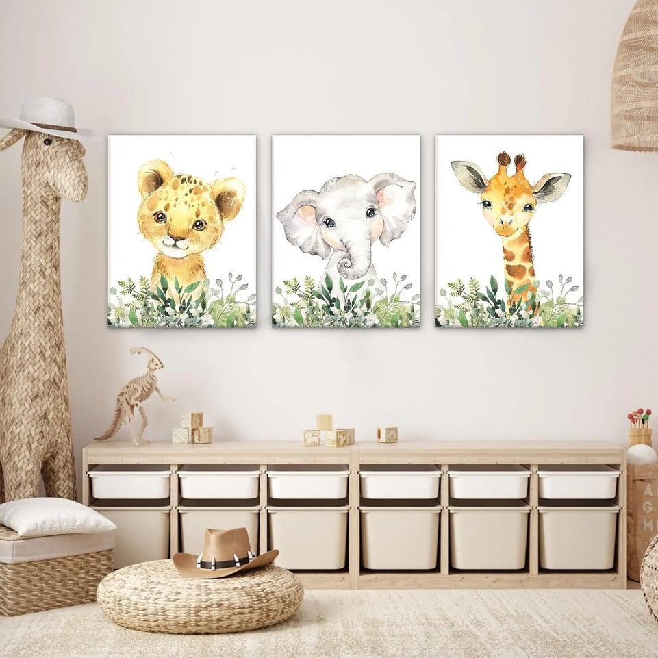 Baby Safari Nursery Wall Decor - Set of 3 Pictures Cute Animal Wall Prints on Canvas Jungle Nursery Safari Decor gifts for Baby Boys and Girls Room, Framed Wall Art (12 x16inch) https://www.amazon.com/dp/B0CLW97SF5
