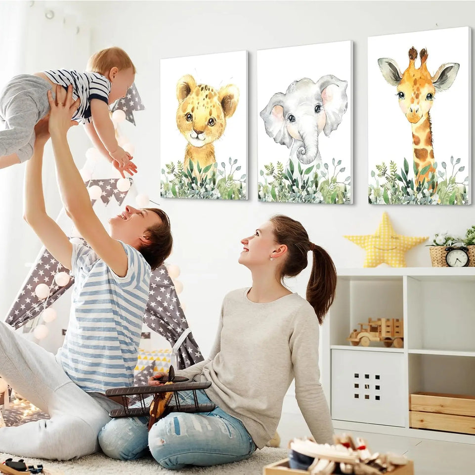 Baby Safari Nursery Wall Decor - Set of 3 Pictures Cute Animal Wall Prints on Canvas Jungle Nursery Safari Decor gifts for Baby Boys and Girls Room, Framed Wall Art (12 x16inch) https://www.amazon.com/dp/B0CLW97SF5