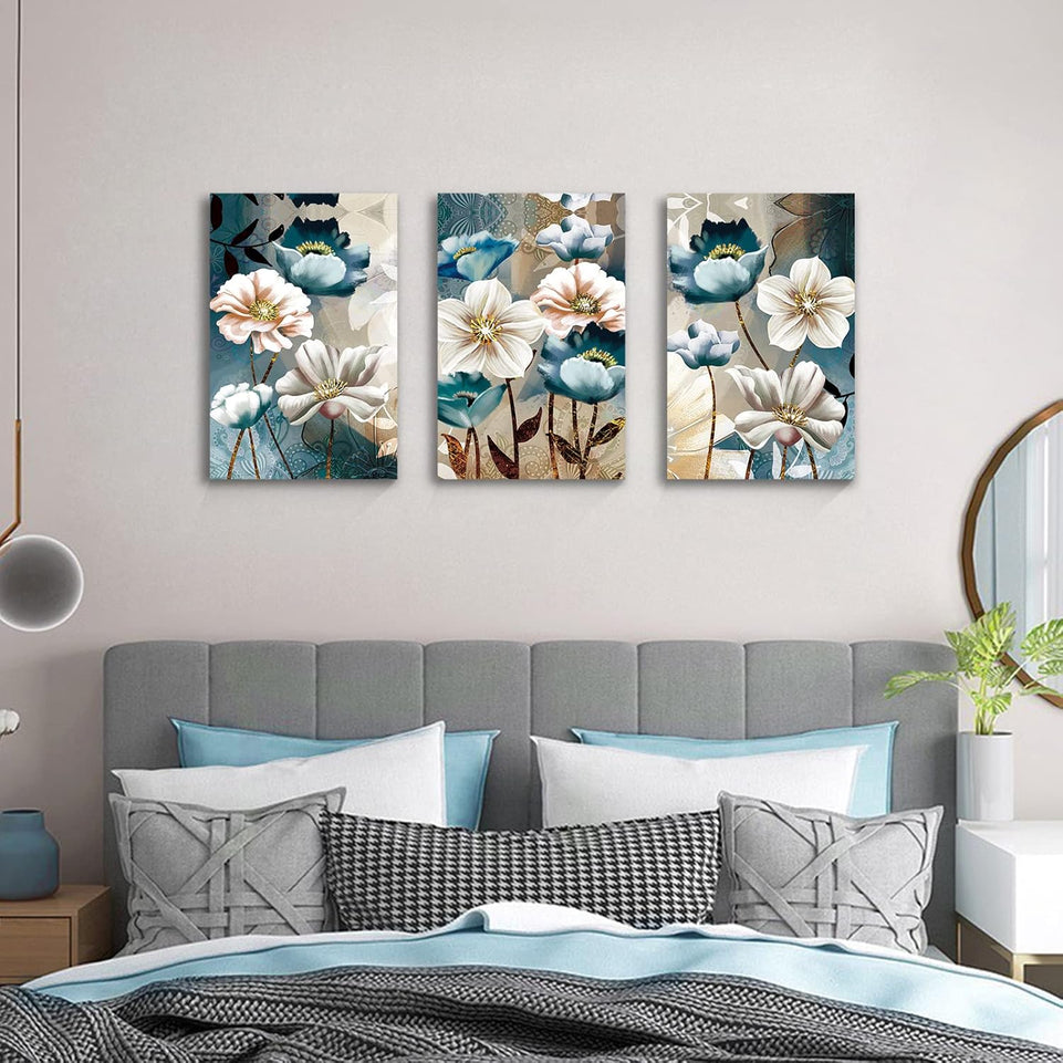 SERIMINO 3 Piece Lotus Flower Canvas Wall Art for Living Room White and Indigo Blue Floral Picture Wall Decor for Dining Room Bedroom Bathroom Kitchen Print Painting for Home Decorations https://www.amazon.com/dp/B08VP27GL7