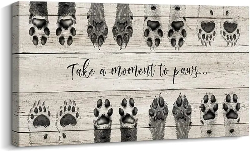ARTINME Dog Lover Sign Wall Decor,Take A Moment to Paws sign Pet Paw Print Artwork Footprints Canvas Wall Art,Framed Animal prints Puppy Gifts for Front Door home decoration (Black) https://www.amazon.com/dp/B09FLQ57SP
