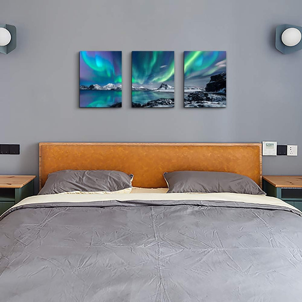 Farmhouse Canvas Wall Art For Bedroom Wall Decorations For Living Room Office Wall Decor Aurora Scenery Painting On Stretched And Framed Wall Pictures 3 Piece Ready To Hang For Bathroom Home Decor https://www.amazon.com/dp/B085RCGP4Q