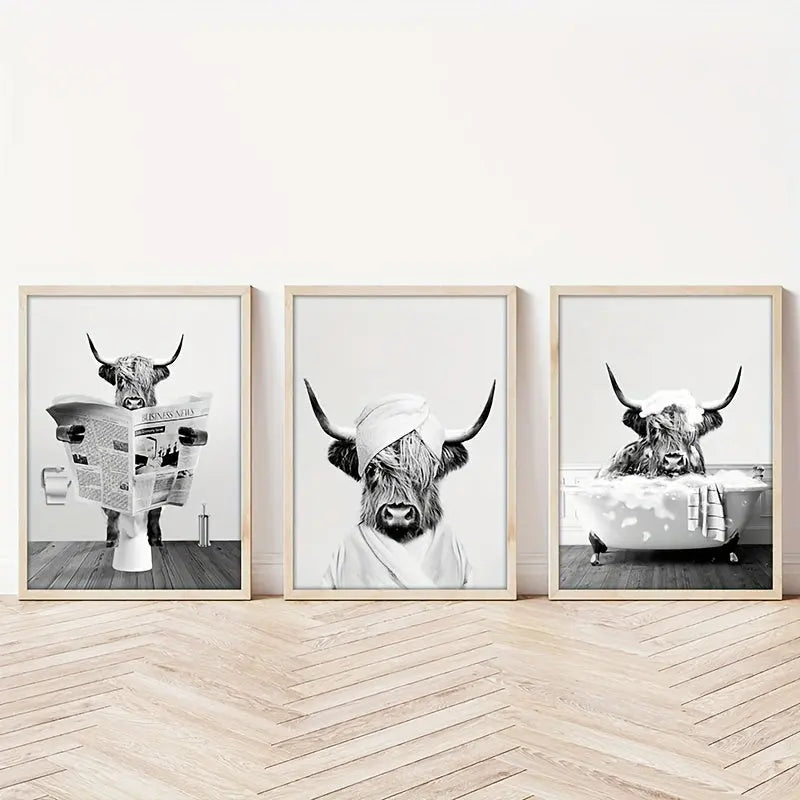 3pcs/set Funny Highland Cow Wall Art In Bathtub, Black And White Canvas Cow In Bathroom Picture, Humor Animals Bathroom Artwork Prints Rustic Farmhouse Style Wall Decor For Living Room,Bedroom, Kids Bathroom Decor, 12x16 Inch June Wall Art