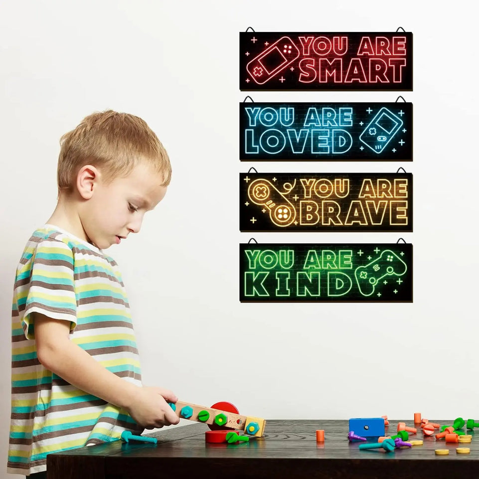 YLOLUL 4pcs Neon Game Art Prints, Wood Wall Art Decor for Boys Room, Gamer Decorations, Inspirational Quote Wall Decor, Modern Home Decor, 12 x 4 Inch, Red https://www.amazon.com/dp/B0BGXSKNG1