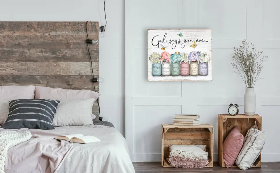 Inspirational Bible Verse Wall Art: God Says You Are Wall Sayings Flowers in Mason Jar Picture Print Christian Gift Quotes Poster for Women Girl Bedroom Decor 12" x 15" https://www.amazon.com/dp/B0C5R38HHX